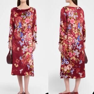 Johnny Was NWT Lorella Rolanda Silk Satin Midi Floral Dress Tie Waist Size S